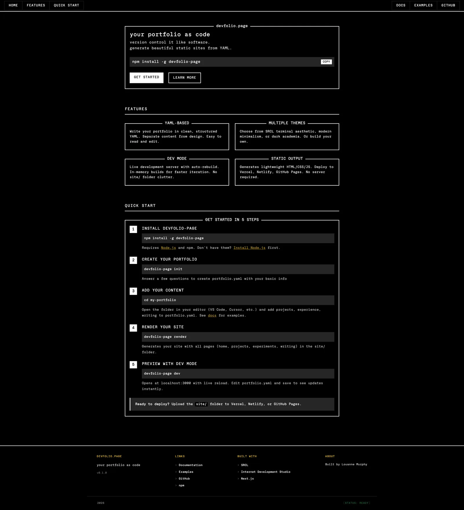Devfolio.page — the full page, top to bottom